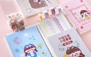 Schattig kawaii planner notitieboek en washi tape set detail voor leuke journaling fans.