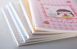 Detailopname van schattige notitieboeken met spiraalbinding en leuke cartoonontwerpen op de kaft.