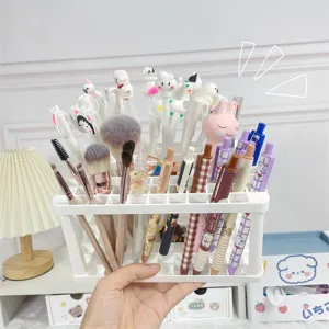 Organizer da scrivania multi-scomparto per pennelli da trucco e penne, supporto in plastica.