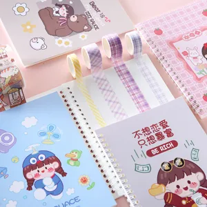 Leuke cartoon ringband notebook en washi tape set, perfect voor journaling en briefpapier.