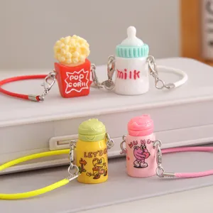 Lindo Mini Termo de Dibujos Animados Botella de Leche Palomitas Llavero Colgante de Resina Mochila Llavero Adorno Colgante de Coche