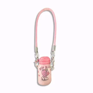Rosa mini termo taza llavero colgante con correa, lindo accesorio colgante de mochila de dibujos.