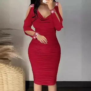 Women's V-Neck Rhinestone Ruched Bodycon Dress Long Sleeve Cold Shoulder Patchwork Midi Party Dress