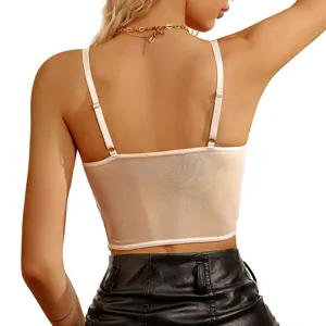 Women mesh camisole backless crop top sexy sheer adjustable straps summer fashion top.