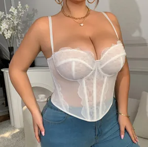 White lace sheer corset top for women, sexy bustier with fishbone support and delicate straps.