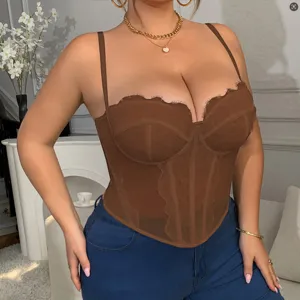 Plus size lace corset top featuring delicate embroidery, fishbone structure, and sensual design.