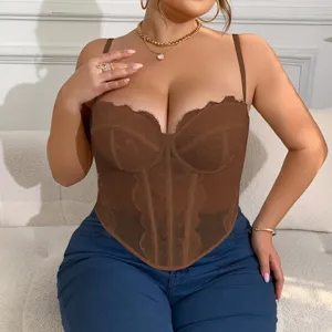 Plus Size Lace Corset Top Sexy Bustier Backless Spaghetti Strap Camisole in Rich Brown