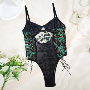 Sexy body in pizzo e tulle nero ricamato con coulisse aperto dietro per le donne.