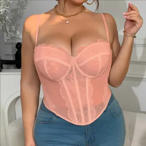 Plus size sexy lace bustier corset top with straps, sheer mesh design for women and girls.