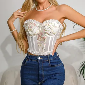 Frans zoet bloemen kant korset top, mesh baleinen bustier, chic sexy mode kleding.