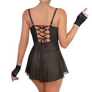 Sexy black lace-up mesh lingerie dress with fingerless gloves, seductive erotic sleepwear.