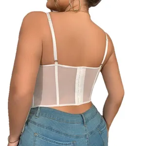Plus size sheer mesh white corset bustier top with back hook closure and adjustable straps.