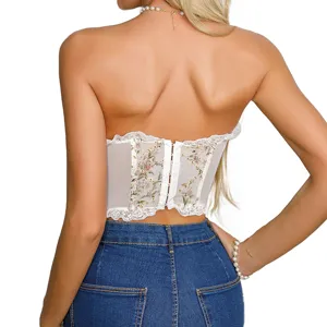 Frans zoete strapless kanten geborduurde korset top, stijlvol rugloos ontwerp hoofdaanzicht.
