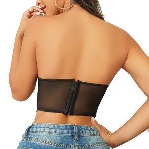 Top corset senza spalline in rete nera vista posteriore sexy bustier trasparente