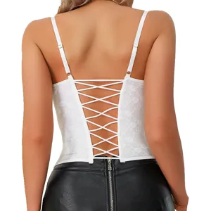 Back view of white lace corset top, sexy backless camisole with cross lace-up straps.
