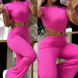 Hot pink ribbed cutout jumpsuit for women slim fit long bell bottom pants activewear