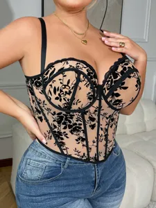 Plus size lace corset bustier top with floral velvet flocking and underwire support.