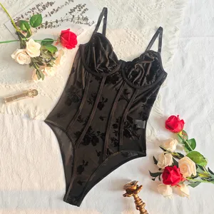 Zwarte, transparante mesh korset-body met bloemenflock, beugels en beenderen voor dames.