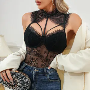 Sexy black lace halter bodysuit with underwire, sheer floral details and chic strap design.