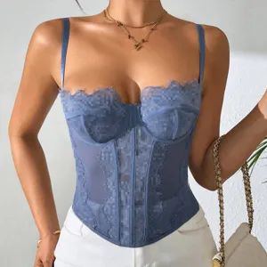 Blue lace bustier corset top with boning, sheer details, and delicate eyelash lace trim.