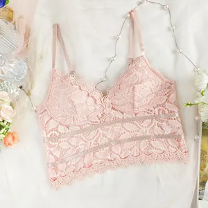 Nahaufnahme des rosa Spitzenbralettes mit zarten Lochmuster-Cups und Bogenkanten.