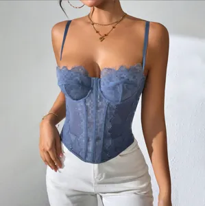 Sexy push-up slim corset with delicate lace trim and sheer mesh design for women.