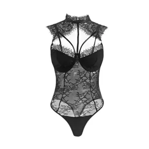 Sexy black lace bodysuit with underwire cups, high neck, and chic strappy cutout details.