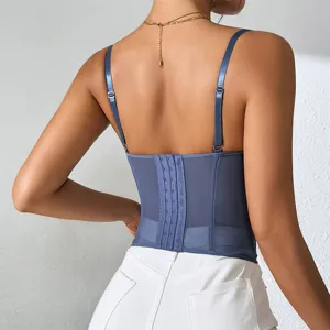 Sexy slim fit boned corset camisole featuring sheer mesh and back closure for women.