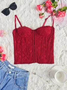 Red lace corset top for women, featuring floral lace design, delicate straps and bustier style.