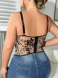 Plus size sheer floral mesh bustier corset top with adjustable straps for women sexy streetwear