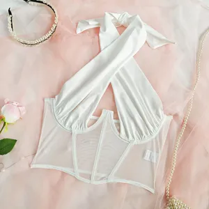 Weißes halterloses Kreuz Mesh Korsett Top sexy transparent rückenfreies Camisole Sommer
