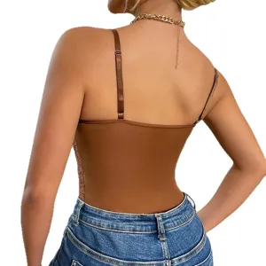 Sexy brown lace spliced backless bodysuit for women, chic thin strap slim fit romper top.