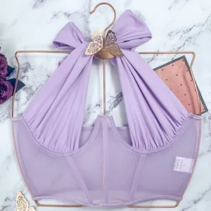 Lila Mesh Halter Korsett Top mit Bügel und Stäbchen, sexy rückenfreies Design für Damen.