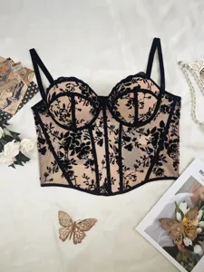 Sexy black and beige lace corset bustier top with supportive boning and slim straps.
