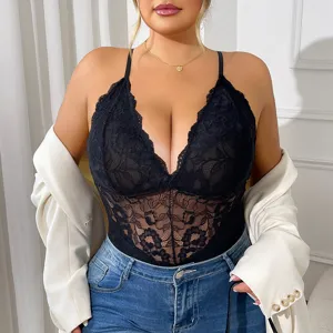 Plus size black lace bodysuit sexy deep v backless camisole teddy lingerie for women