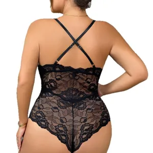 Plus size black lace teddy bodysuit sexy backless strap lingerie for women fashion