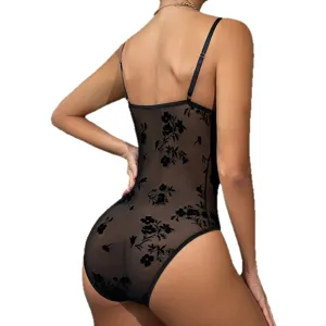 Sexy zwarte transparante mesh bodysuit met fluwelen bloemen, spaghettibandjes en open rug.