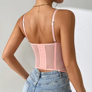 Pink sheer mesh corset top for women, back hook-and-eye bustier with adjustable thin straps.