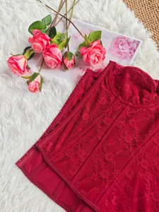 Red lace corset bustier top for women, sexy strapless jacquard cropped camisole streetwear.
