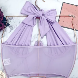 Fliederfarbenes transparentes Mesh-Halter-Korsett-Top mit Schleife und Büstenkorsage sexy.