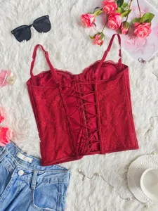 Red lace corset top for women, sexy sweetheart bustier with adjustable back lace-up detail.