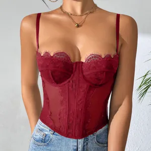 Sexy red lace corset top with boning and eyelash trim, sheer camisole for women stylish wear.