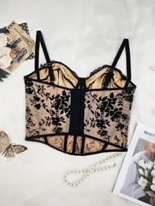 Plus size sexy lace bustier top with underwire and boning, elegant floral mesh cami bra.