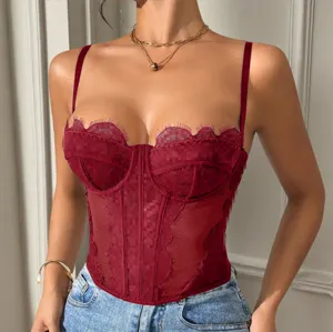 Women's elegant burgundy lace bustier corset top, sexy sweetheart neck sleeveless camisole.