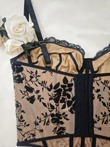 Detailed view of women plus size sexy floral lace corset bustier top with hook closure.