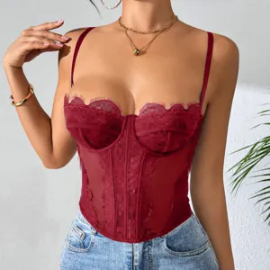 Sexy lace bustier corset top for women, featuring sheer mesh and chic scalloped trim.
