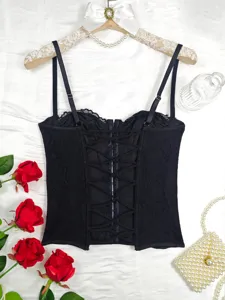 Black lace-up corset top French style jacquard bustier strapless camisole sexy vest