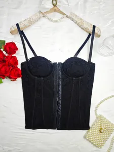 Black lace corset top detail, floral jacquard bustier, elegant straps, sexy gothic style.