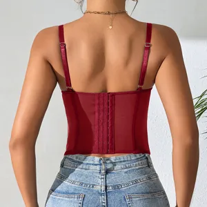 Women sexy red corset top detail view, boned camisole with back hook and eye closure.