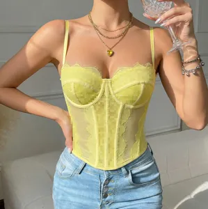 Sexy yellow lace corset top, sheer bustier camisole with fishbone shaping for women.